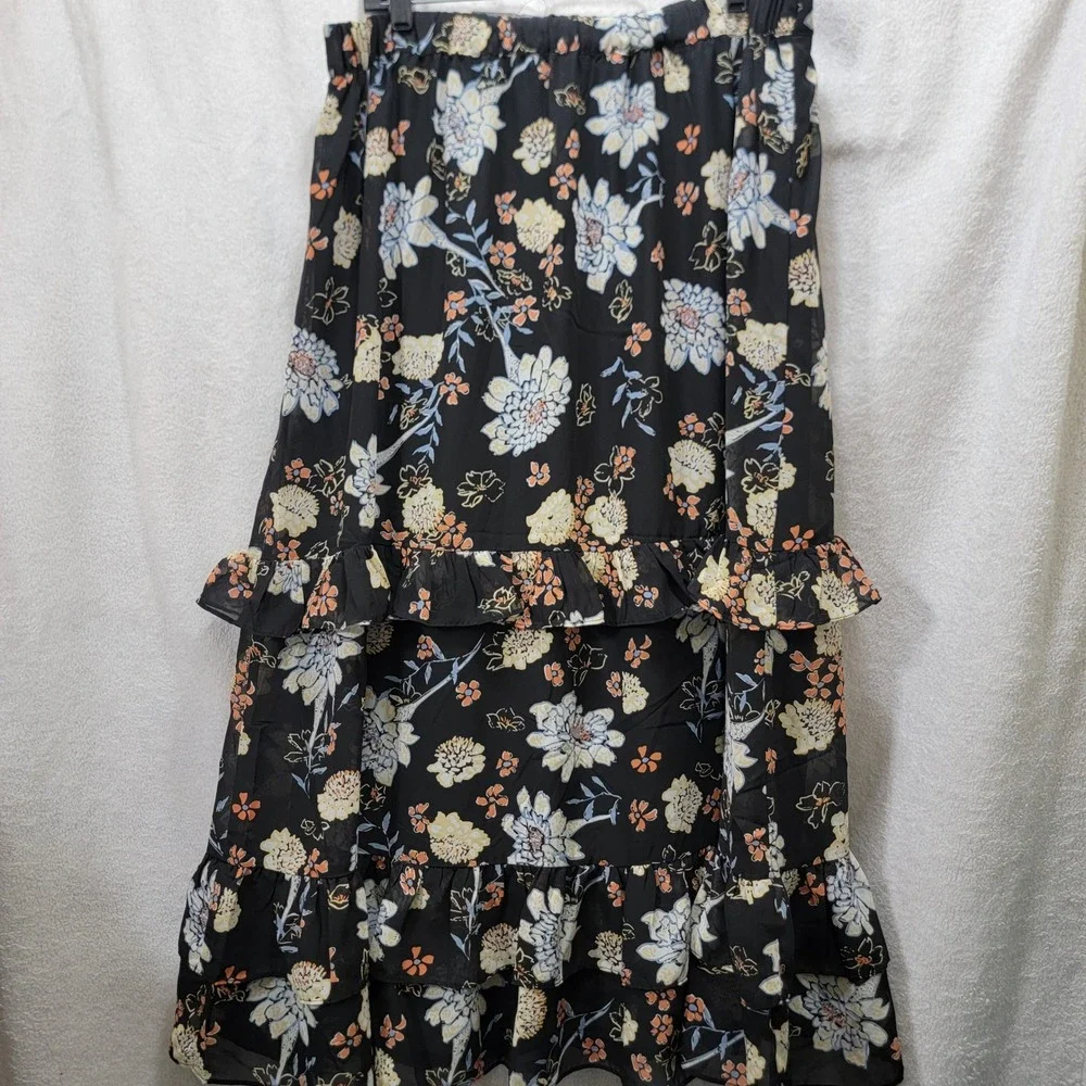 NEW Marc New York Andrew Marc Black Floral Ruffle Midi Skirt XL‎ Style M5MST283